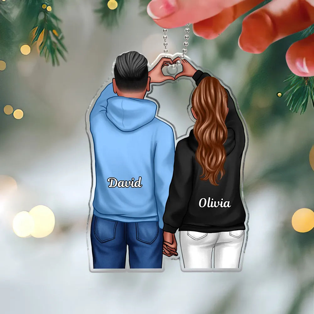 Couple Ornament with Back View and Heart Gesture, Romantic Hand-in-Hand Design, Perfect Holiday Gift