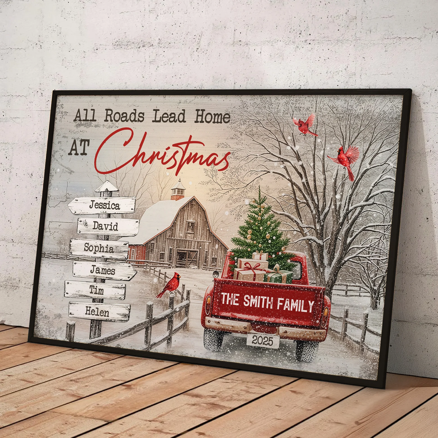 All Roads Lead Home At Christmas Personalized Poster – Custom Family Names Winter Farmhouse Wall Art, Unique Holiday Gift for Mom & Loved Ones