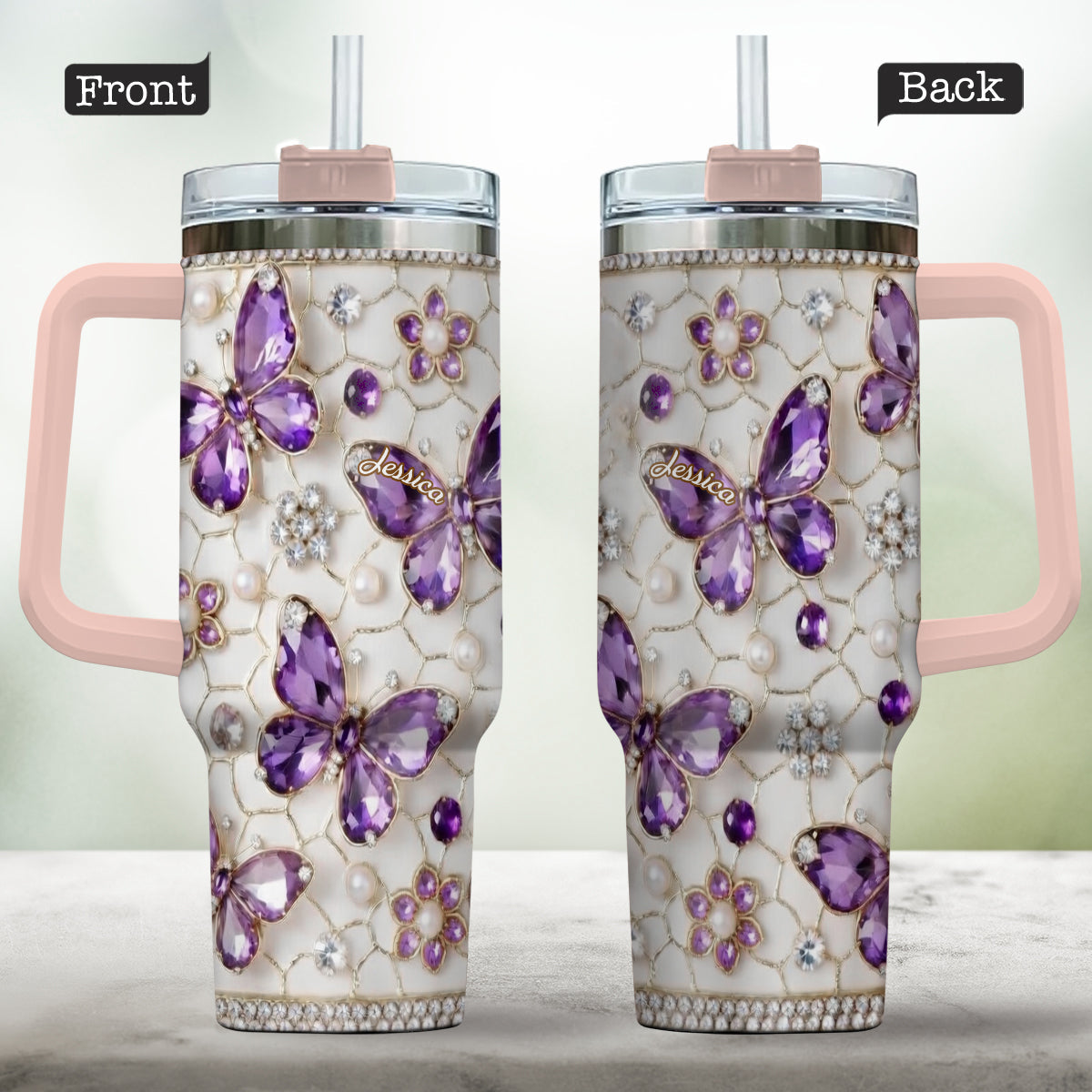 Love Butterflies - Personalized Butterfly Tumbler With Handle