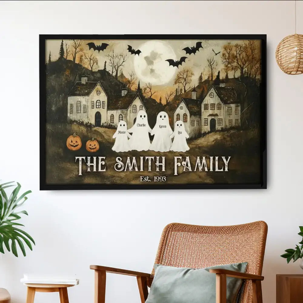 Halloween Family Ghost Poster | Vintage Pumpkins and Moonlit Scene, Perfect Gift for Home Décor