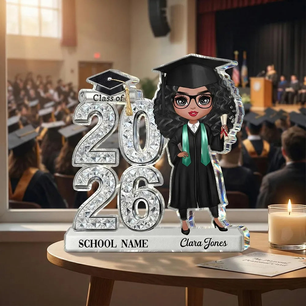 Shaped Acrylic Block Plaque Personalized for Graduation, Glam Class Year Display with Grad Girl Holding Diploma, Thoughtful Gift