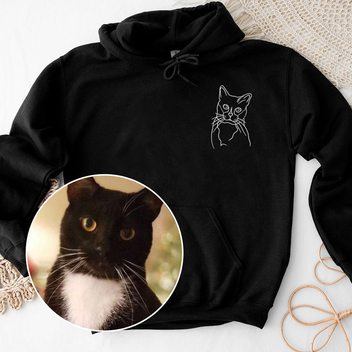 Custom Line Art - Personalized Cat Embroidered Hoodie