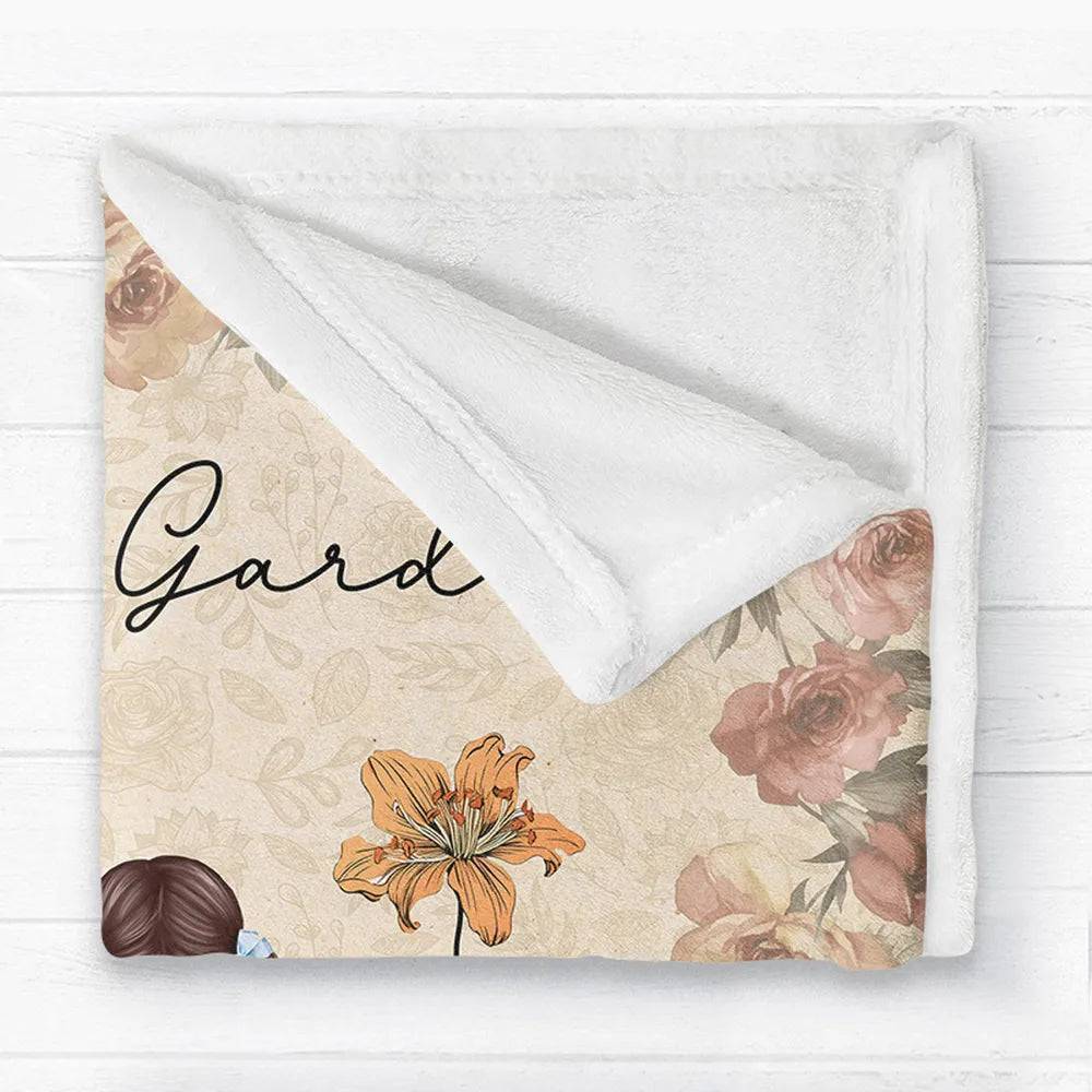 Grandma's Joy - Personalized Blanket with Grandkids & Vintage Birth Month Flowers - A Celebration of Family