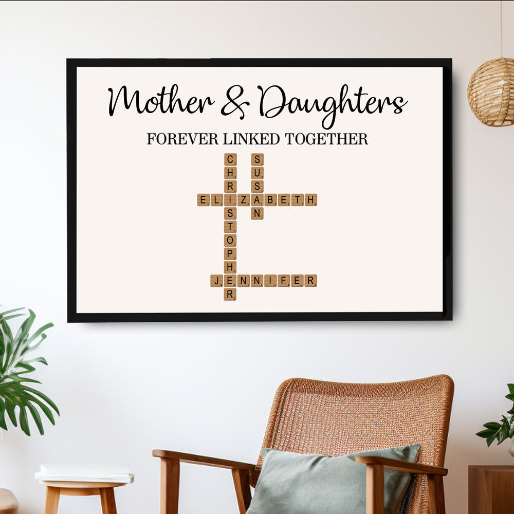 Mother & Dad & Sons & Daughter Forever Linked – Personalized Scrabble Art with Custom Names and Heartfelt Design