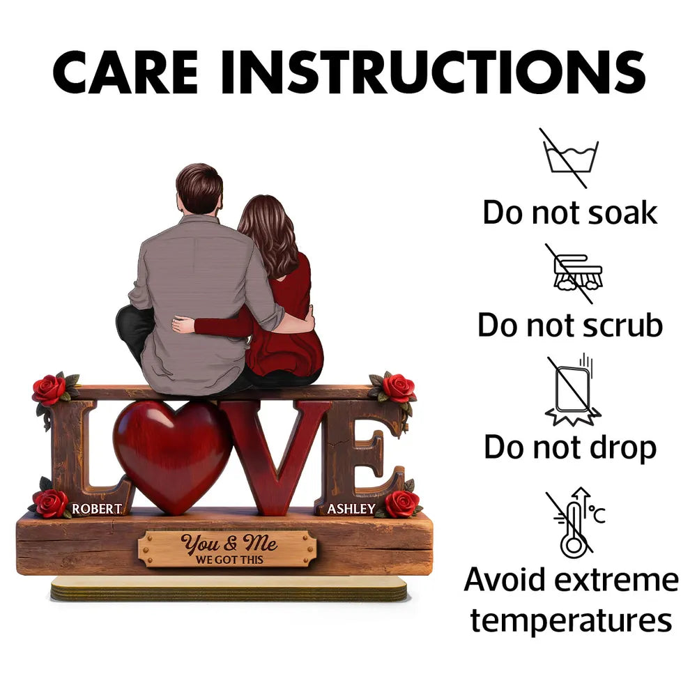 2-Layer Wooden Plaque Personalized Love Keepsake, Couple Sitting Embracing with Roses, Sweet You & Me Gift