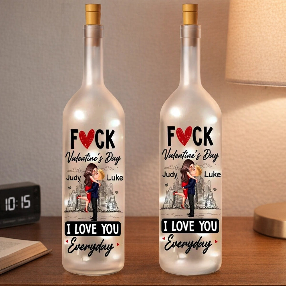 Personalized Bottle Lamp With Couple Hugging City Sketch, I Love You Everyday, Unique Valentine's Day Gift With Warm Glow