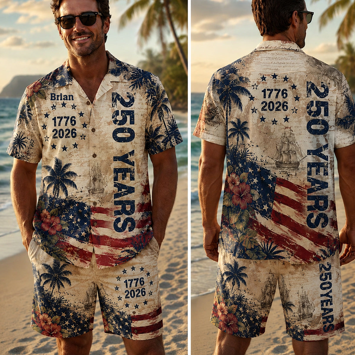 250 Years Vintage US Independence Day Aloha Shirt & Pants Set - Personalized Independence Day/ 4th of July Hawaiian Shirt & Men Shorts