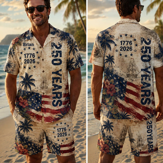 250 Years Vintage US Independence Day Aloha Shirt & Pants Set - Personalized Independence Day/ 4th of July Hawaiian Shirt & Men Shorts