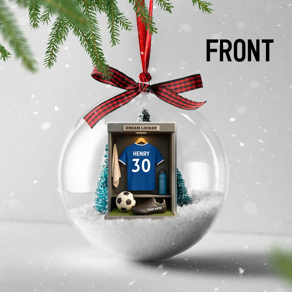 Christmas Snow Globe Ornament - Soccer Locker Mini Scene, Clear Acrylic, Personalized - Unique Gift for Son, Grandson, Boyfriend