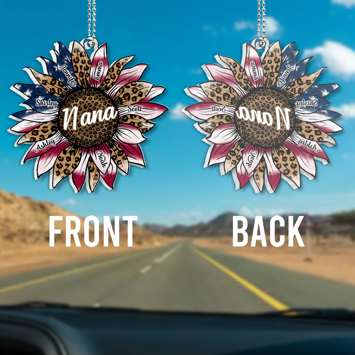 Grandma's Sunflower 4th Of July Flag - Personalized Grandma Custom Shaped Car Ornament