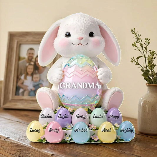 Personalized Shaped Acrylic Block Plaque Cute Bunny Holding Easter Egg for Grandma Spring Shelf Decor Unique Gift