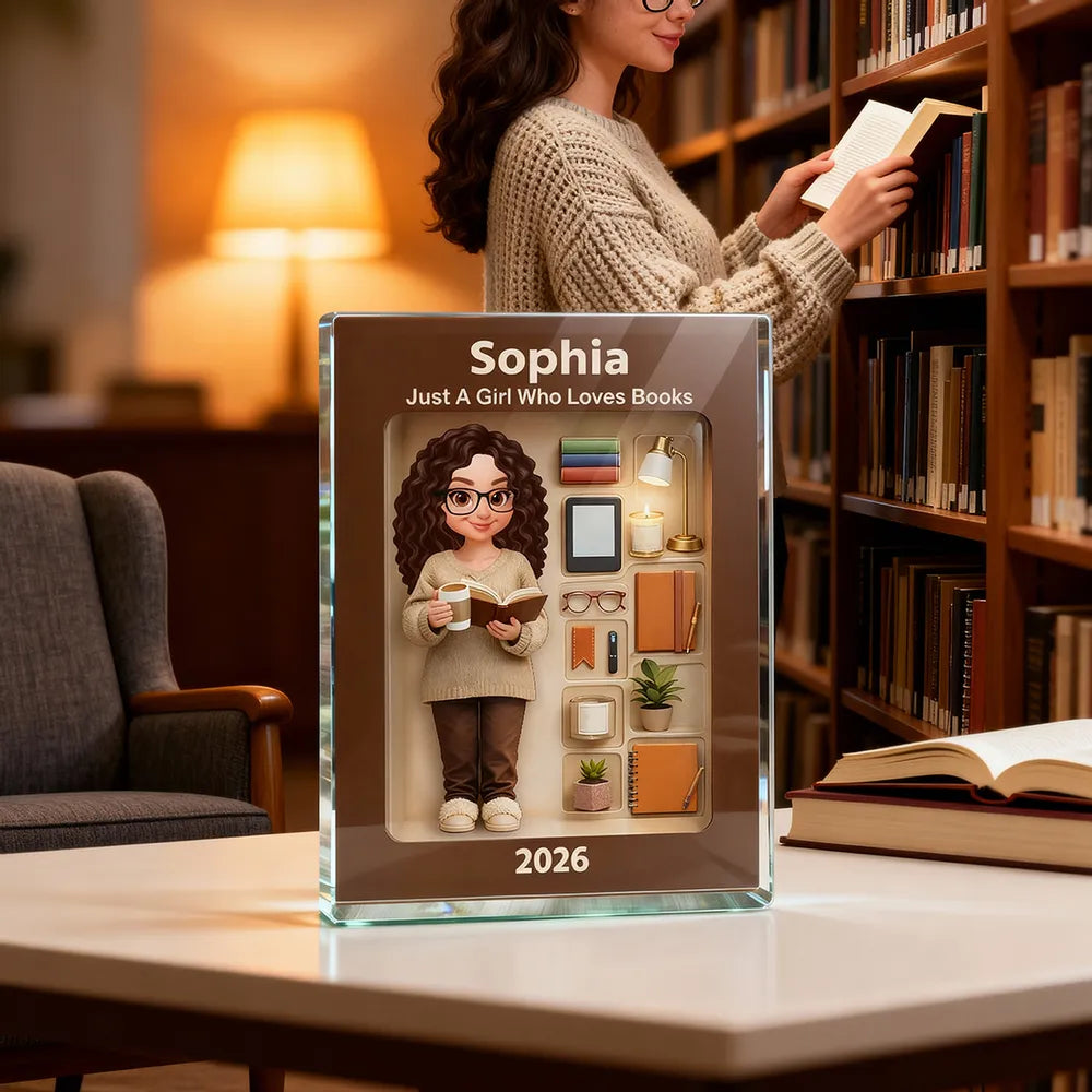 Personalized Rectangle Acrylic Block Plaque Book Lover Character Desk Decor, Cozy Reading Nook Style, Unique Gift for Readers