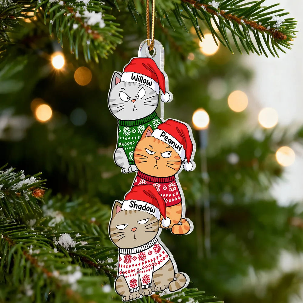 Personalized Acrylic Ornament with Stacked Christmas Cats, Cute Festive Decor & Unique Gift for Cat Lovers