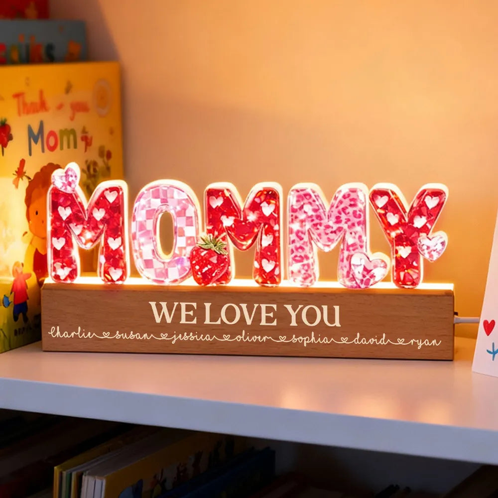 Personalized Shaped Acrylic Block LED Plaque with MOMMY Hearts, Sweet Room Decor, Unique Gift for Mom