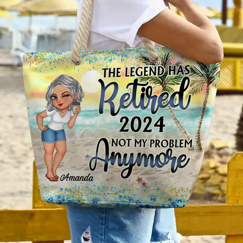 Rope Handle Canvas Bag Personalized for Retirement, Beach Scene Cartoon Woman, Fun 'Not My Problem Anymore' Gift