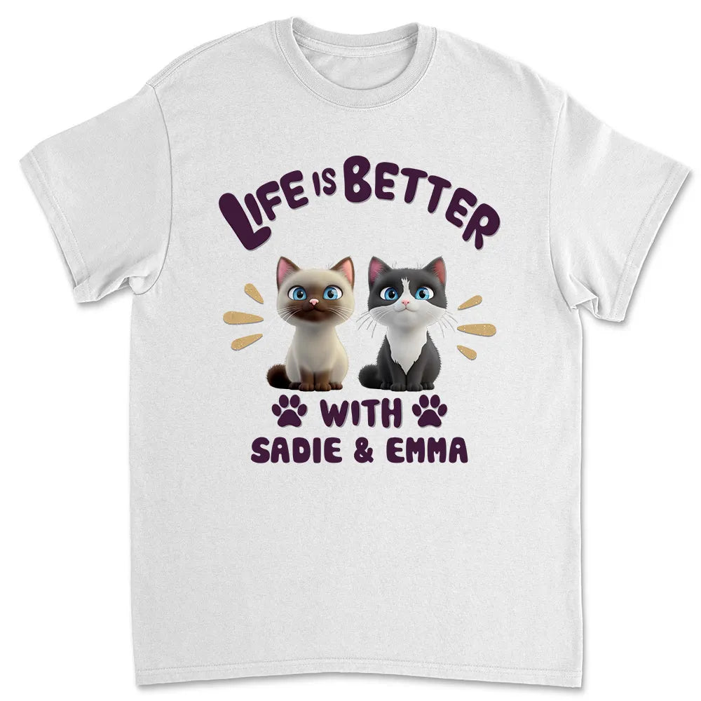 Life Is Better with Cats – Personalized Classic Tee with Custom Cat Names, Perfect Gift for Cat or Dog Lovers