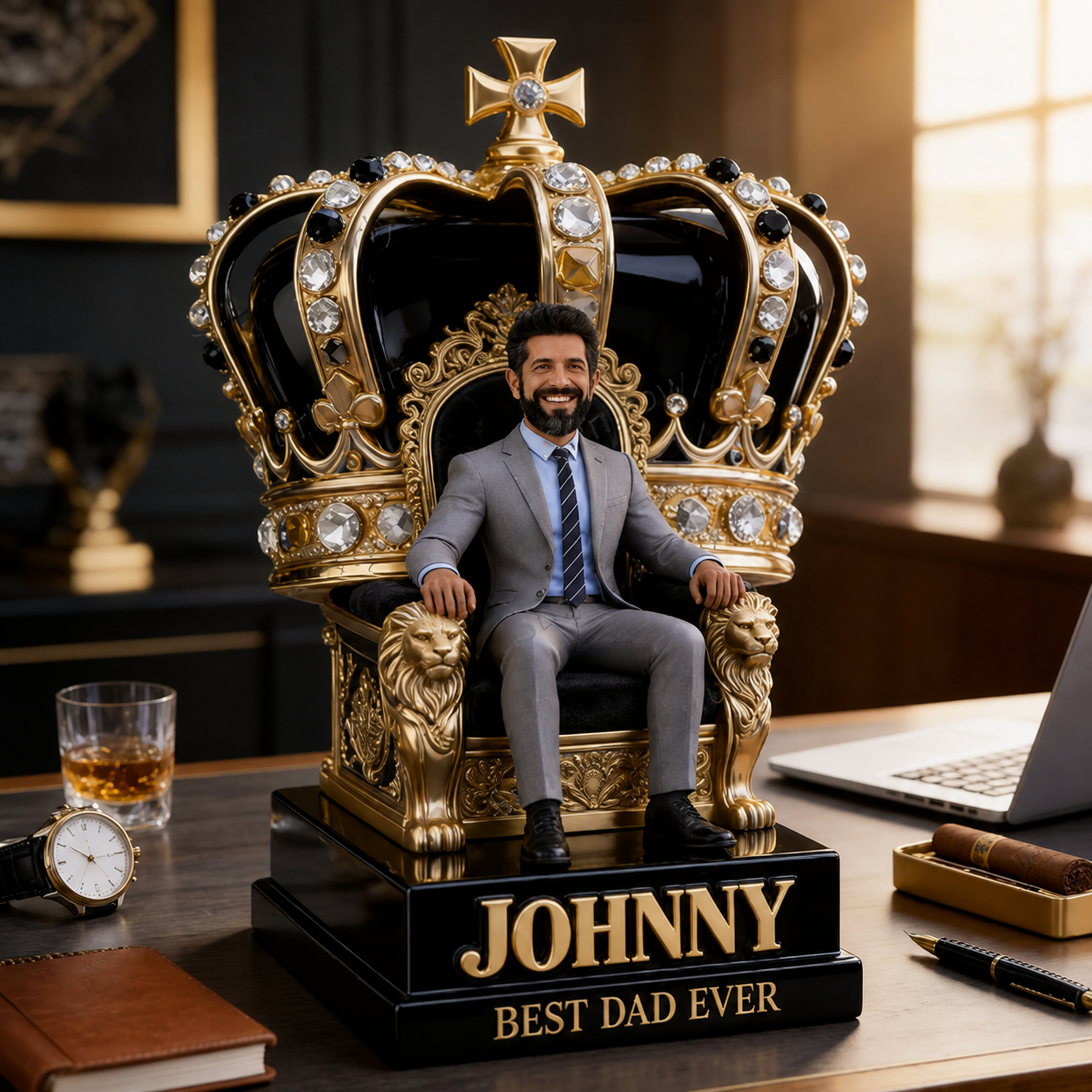 Custom King Throne Photo Figurine Statue for Latin Dad | Personalized Best Dad Ever Crown Sculpture | Unique Father's Day Gift for Husband Office Desk Decor
