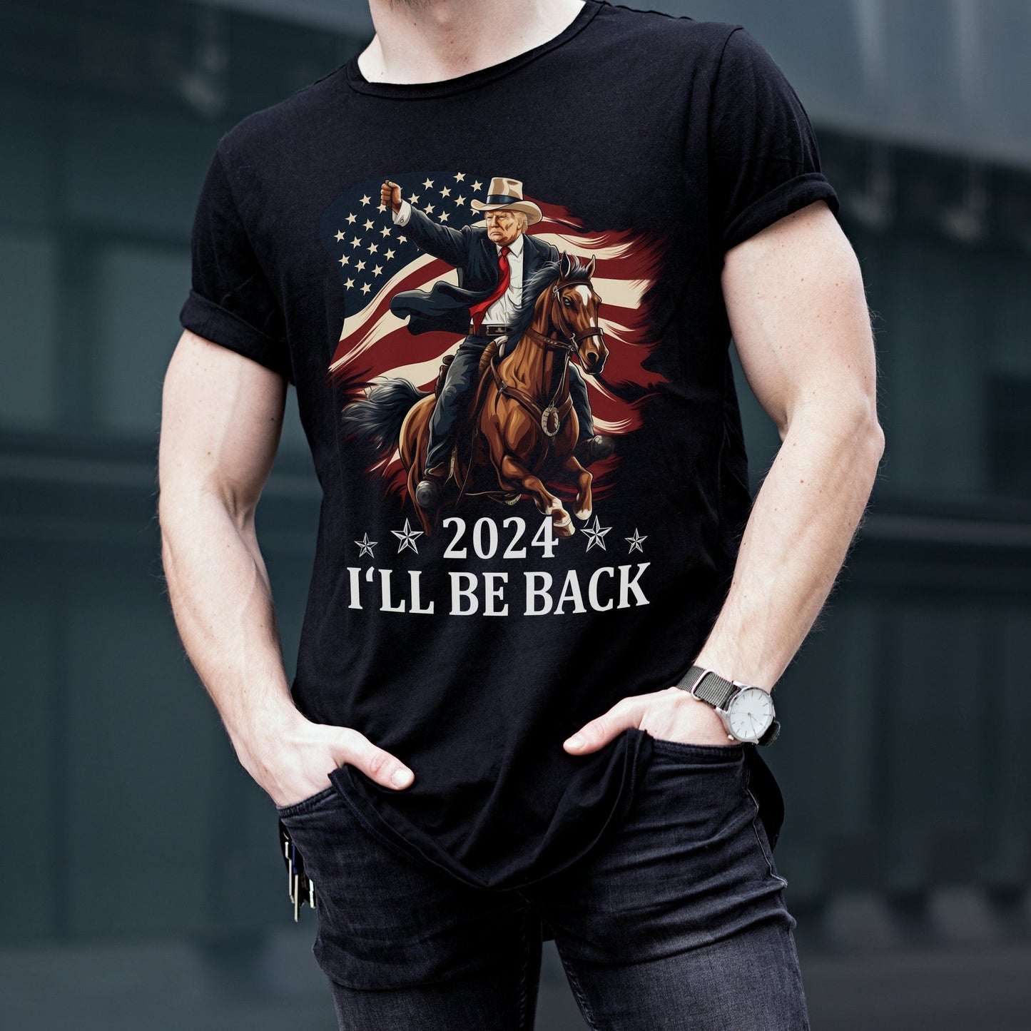 Donald Trump 2024 Shirt - Trump Riding a Horse with The American Flag - Cowboy Trump Tshirt - Trump Shirt - Republican Gifts - Trump Gifts T-shirt & Hoodie