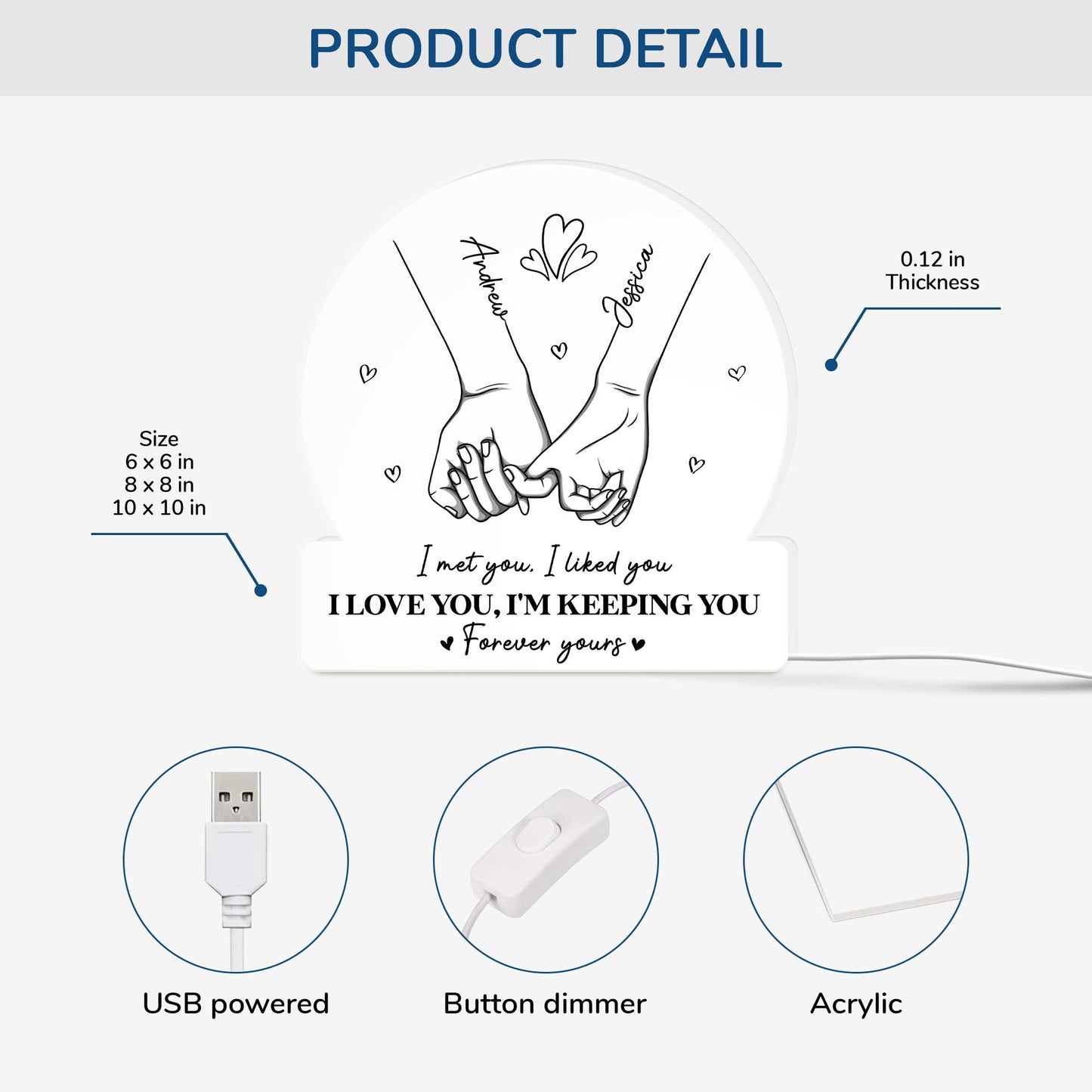 Personalized Acrylic Light Box with Holding Hands Sketch, Warm Glow Bedroom Lamp, Unique Romantic Gift for Couple