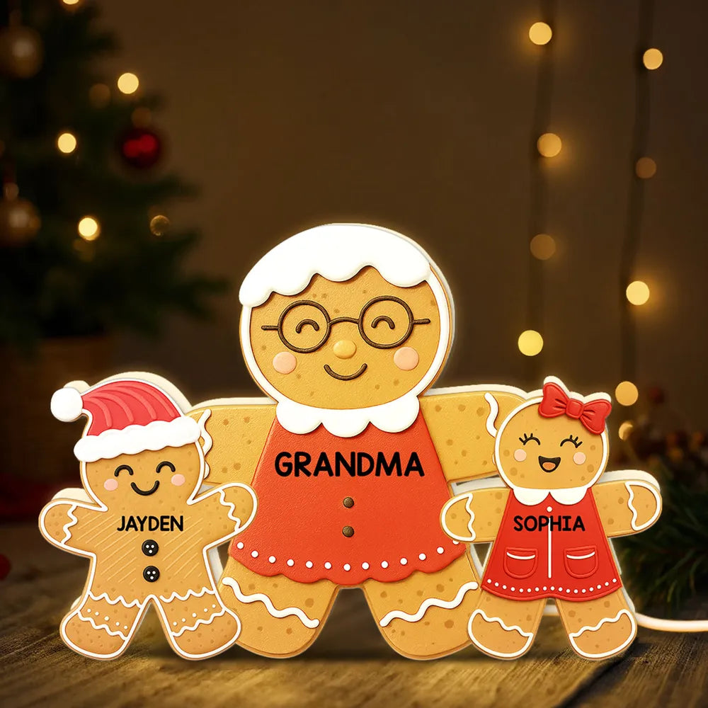 Acrylic Light Box - Gingerbread Grandma & Grandkids, Custom, Christmas Decor, Warm Glow Keepsake, Unique Gift for Grandma
