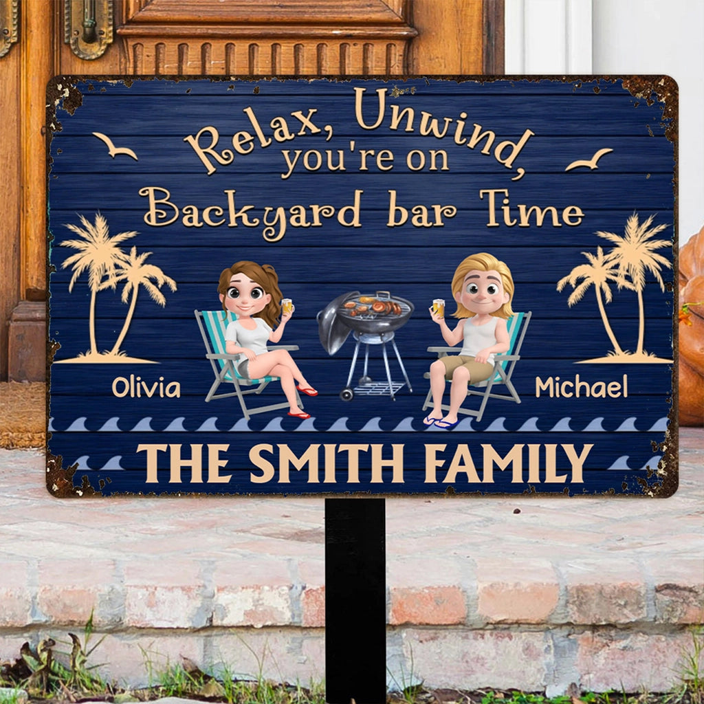 Personalized Patio Time Rectangular Iron Sign with Relax, Unwind Quote, Couple by the Grill, Unique Outdoor Gift