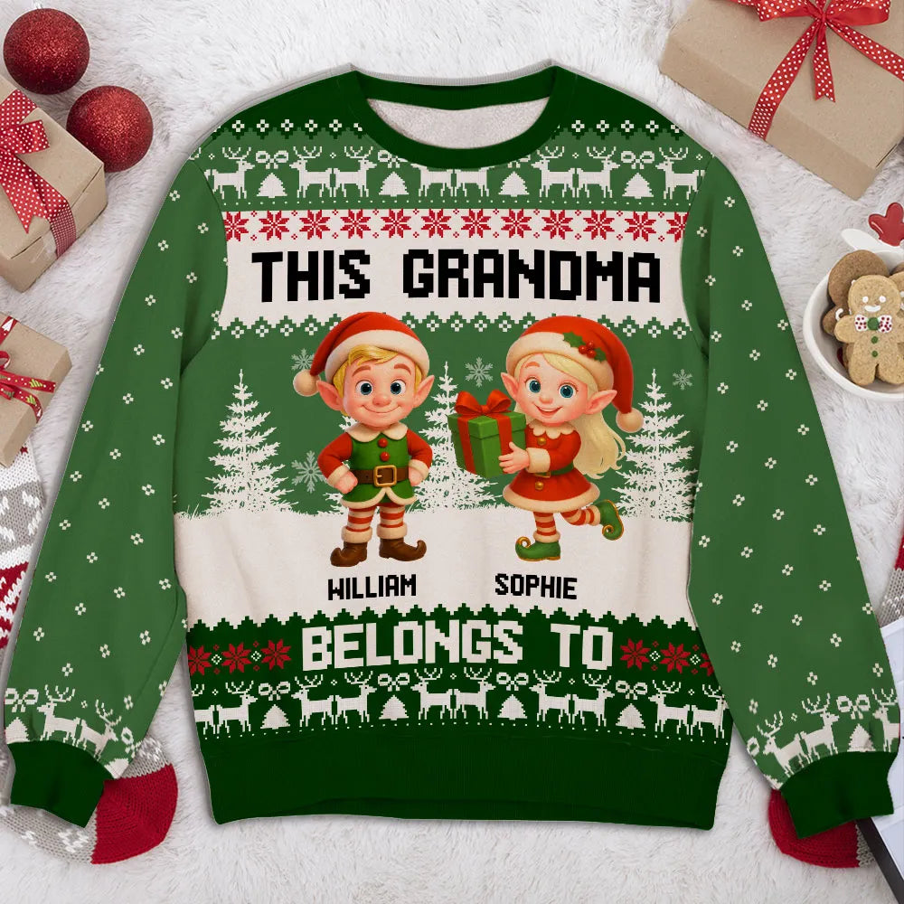 Sweatshirt with Christmas Elves, Custom All-Over Print for Nana, Cozy, Unique Holiday Gift, This Nana Belongs To