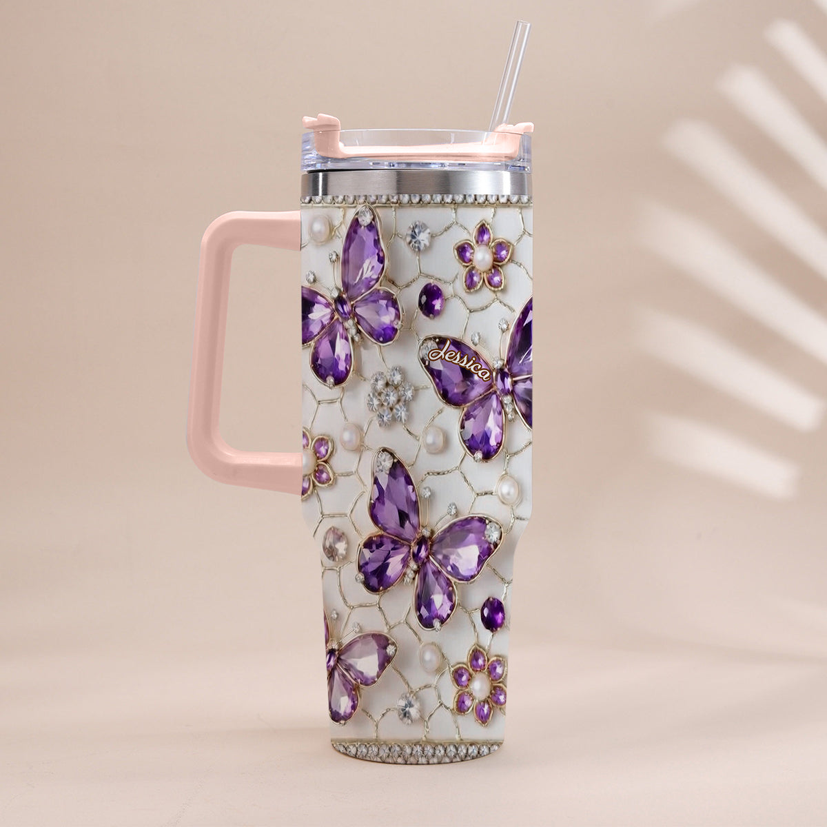 Love Butterflies - Personalized Butterfly Tumbler With Handle