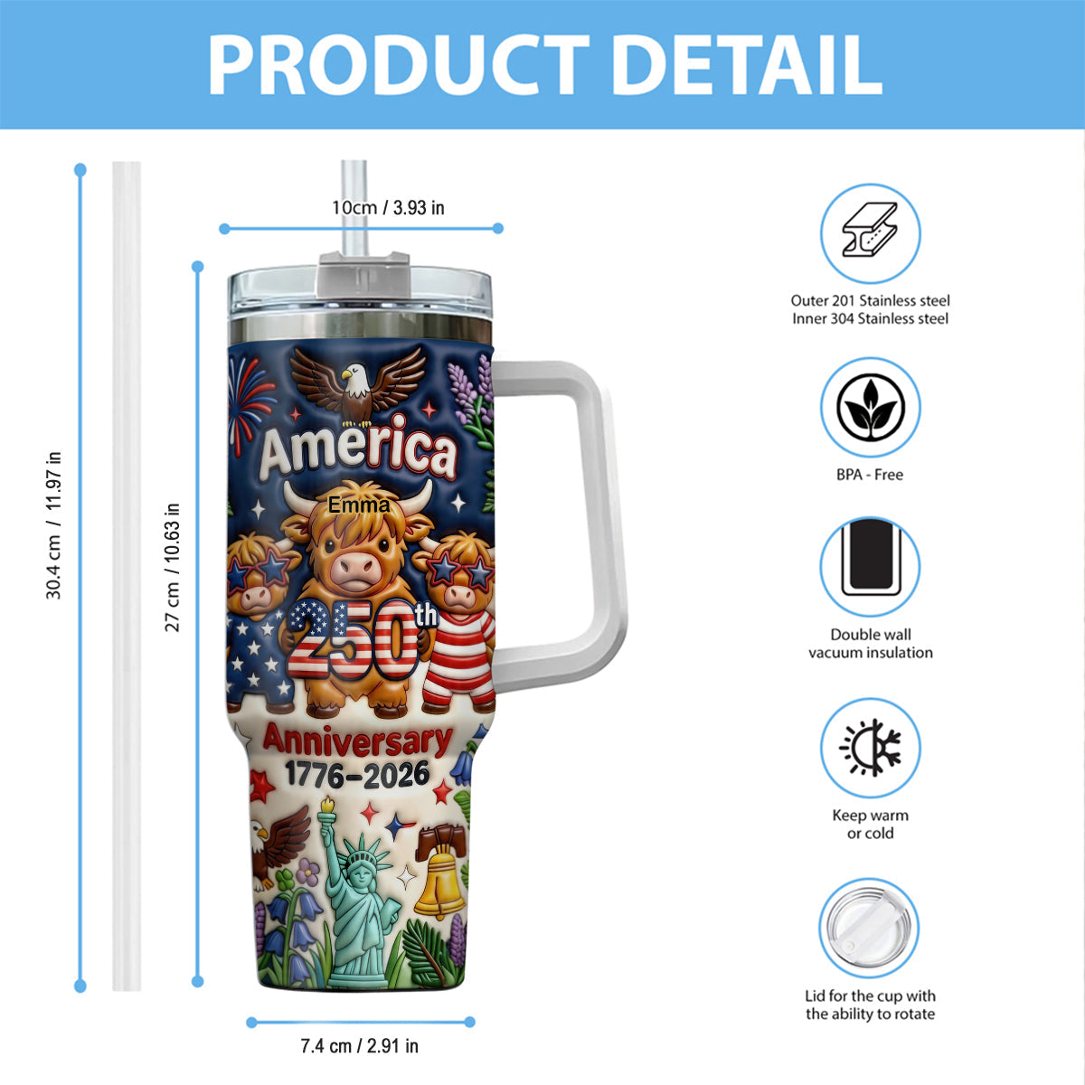 Cute Highland Cow America 250th Anniversary - Personalized Highland Cow Tumbler With Handle