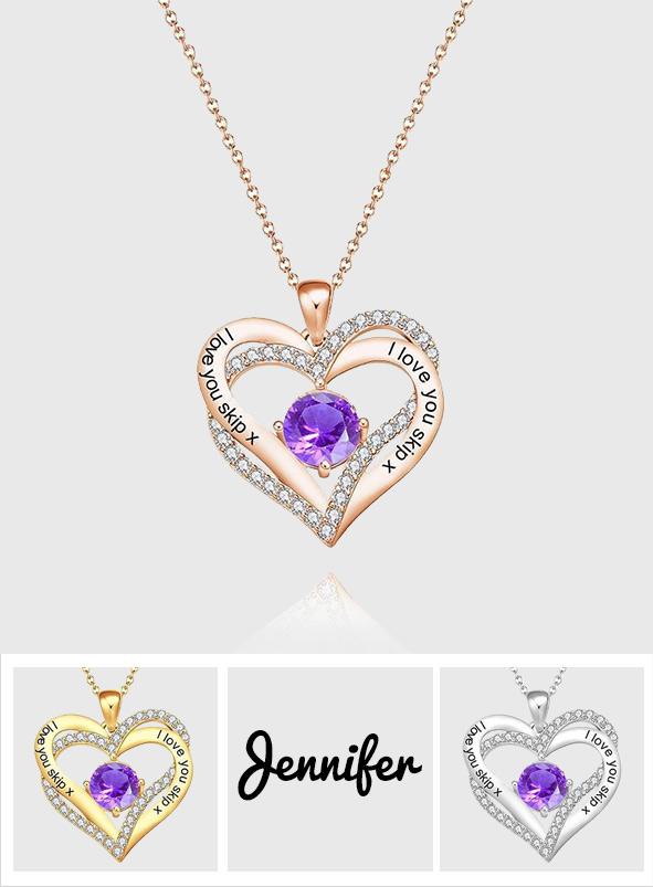 Double Heart - Personalized Couple Diamond Heart Pendant Necklace With Birthstone
