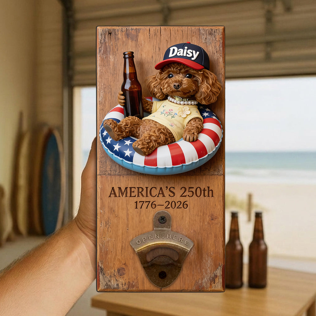 Dog With American Flag - Personalized Dog Wall Bottle Opener