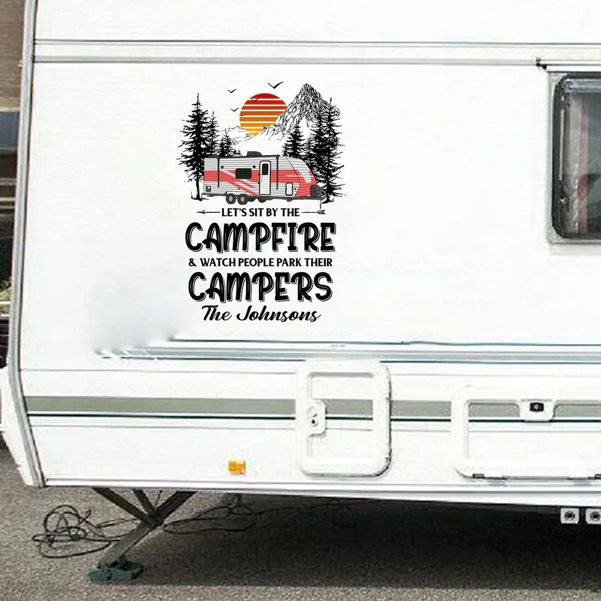 Personalized Sticker Decal RV Campfire Quote with Sunset Mountains, Unique Camping Gift for Camper Families
