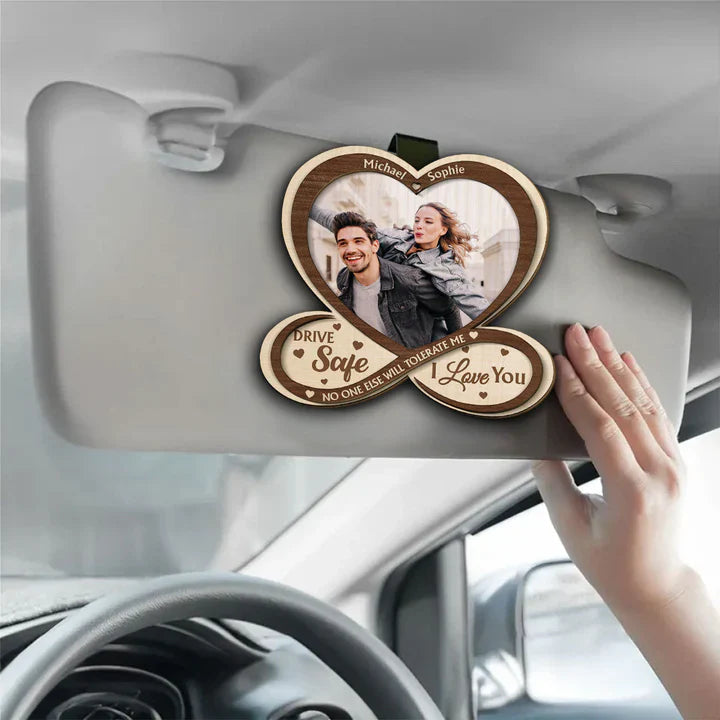 Personalized 2-Layer Wooden Car Visor Clip with Photo Heart Drive Safe I Love You, Unique Couple Gift