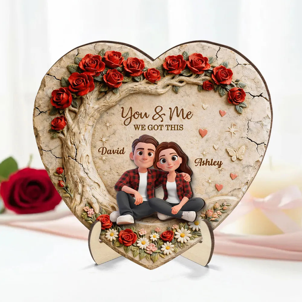 Personalized 2-Layer Wooden Plaque Couple Sitting Together in a Heart Rose Design You & Me Unique Gift for Husband or Wife