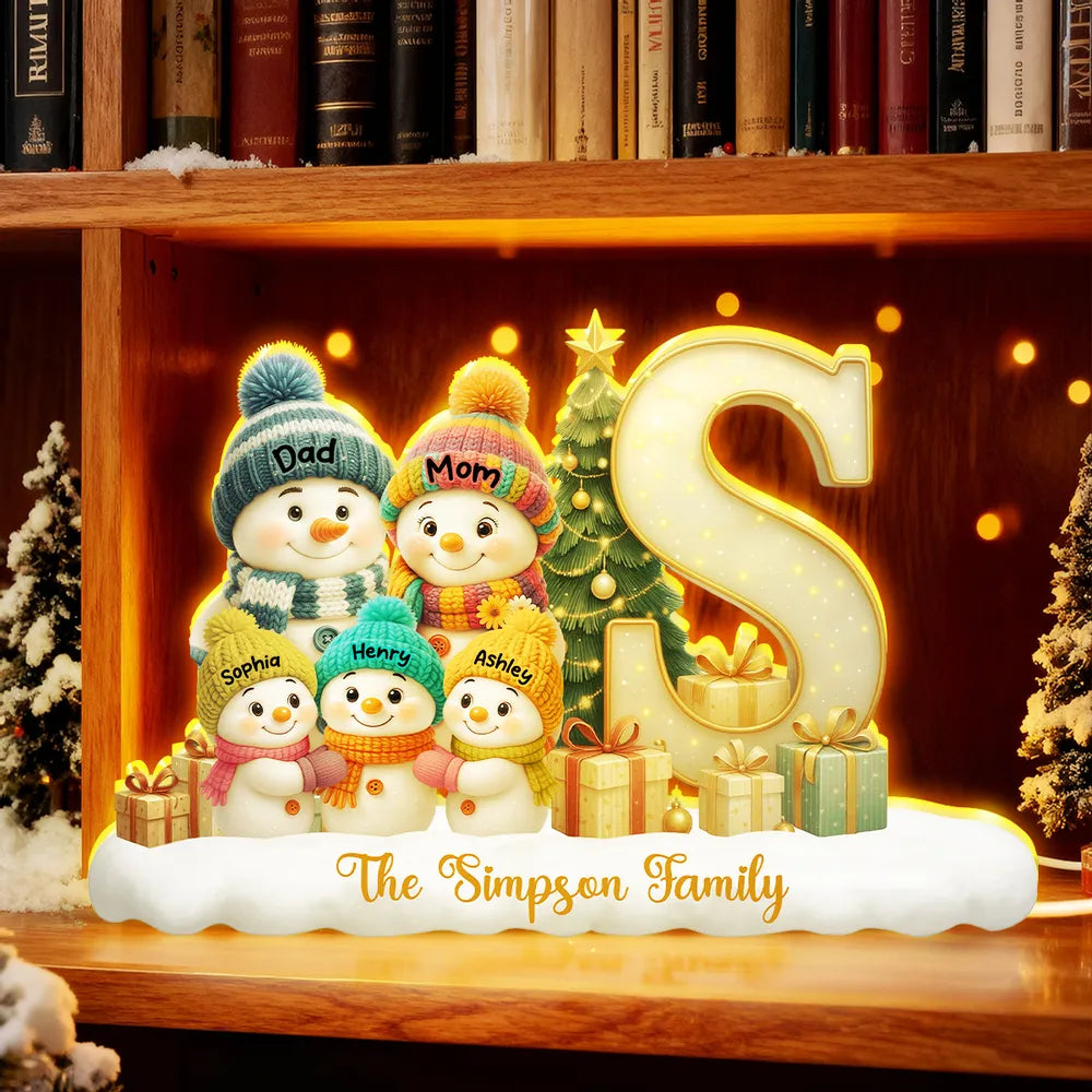 Snowman Family Christmas Acrylic Light Box | Personalized Initial Display, Perfect Gift for Families