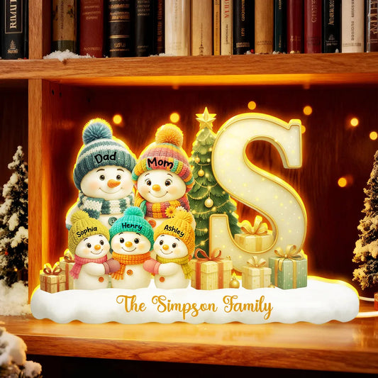 Snowman Family Christmas Acrylic Light Box | Personalized Initial Display, Perfect Gift for Families