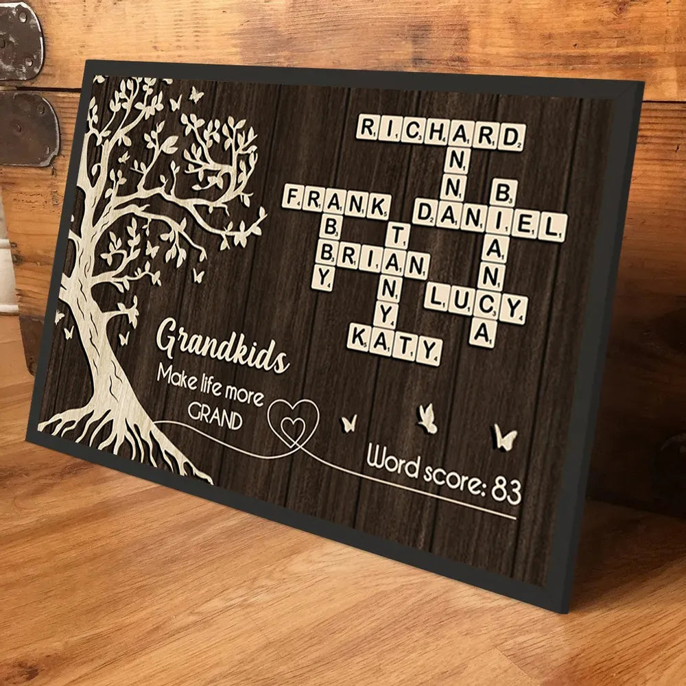 Personalized Grandkids Poster with Family Tree & Crossword Names – Custom Wall Art Gift for Grandma & Grandpa, Unique Home Decor Keepsake