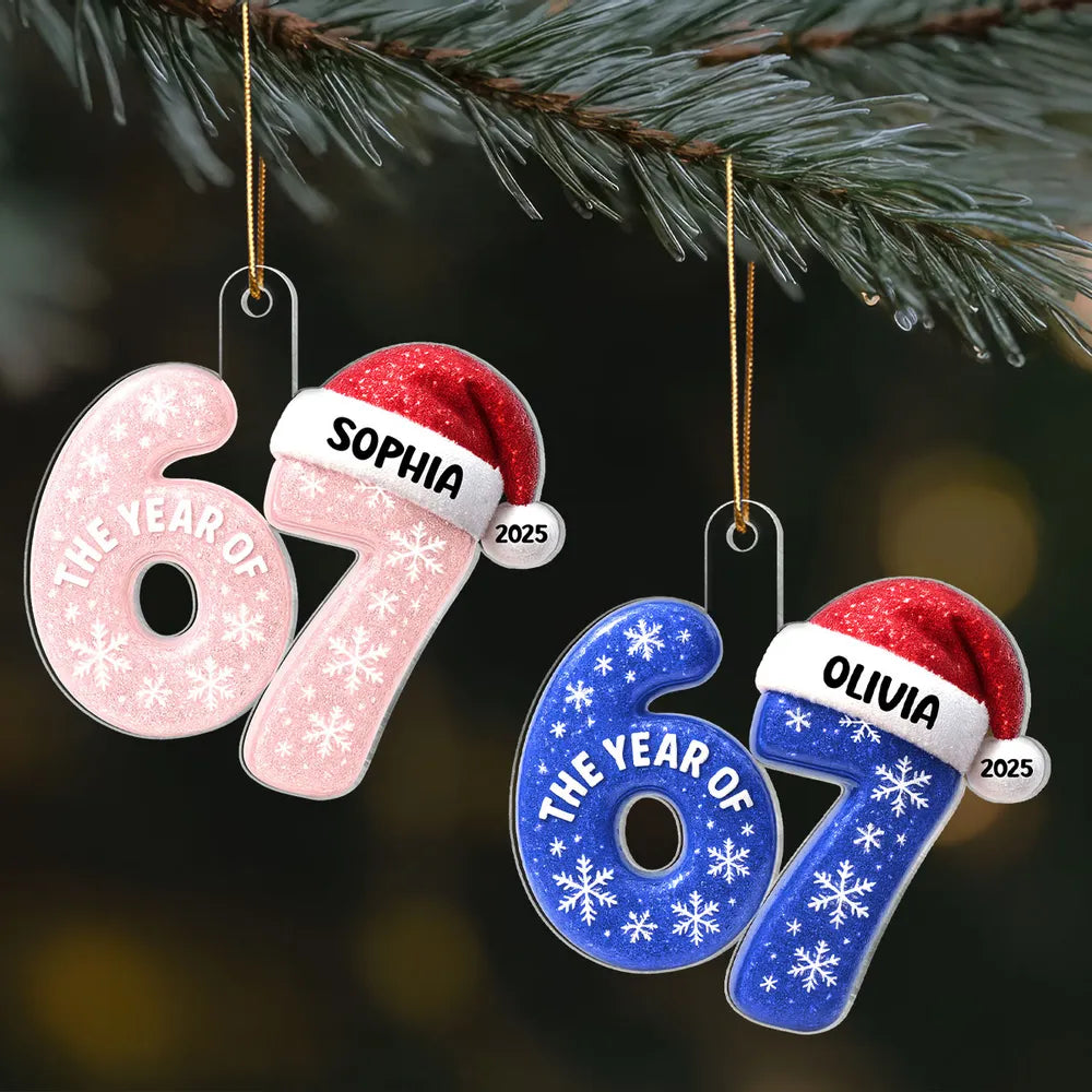 Personalized Acrylic Ornament 67 with Santa Hat Design, Custom Christmas Tree Decor, Festive Keepsake and Unique Holiday Gift