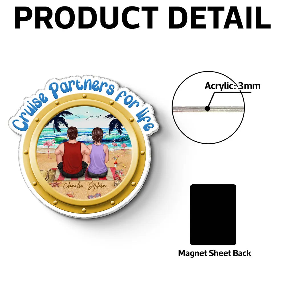 Personalized Cruise Partners for Life Acrylic Magnet, Back View Couple Sitting on a Beach Porthole, Unique Gift for Couples