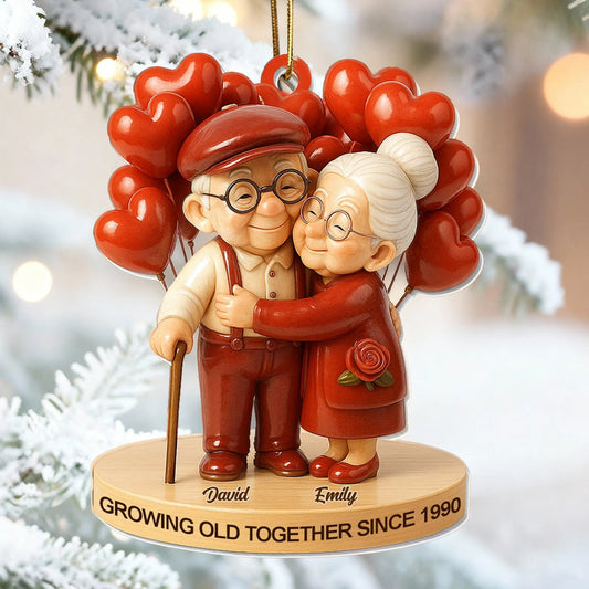Personalized Acrylic Ornament Cute Elderly Couple Hugging With Heart Balloons Holiday Decor Unique Gift For Couples