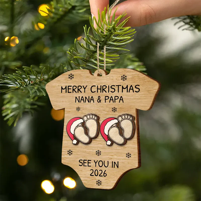 Custom Baby Announcement 2-Layer Wooden Ornament – Onesie Shape with Tiny Footprints – Adorable Nursery Decor and Creative Holiday Gift for Mommy and Daddy