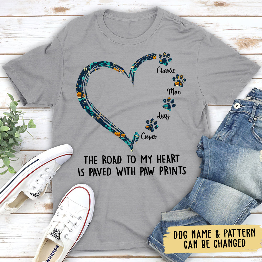 Personalized Pet Lover T-Shirt – The Road to My Heart is Paved with Paw Prints – The Perfect Gift for Pet Owners