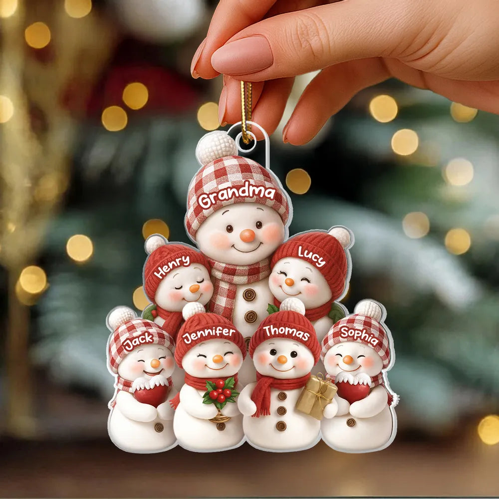 Christmas Acrylic Ornament for Grandma – Cozy Snowman Family, gift-ready keepsake for holiday tree décor, customizable and heartwarming