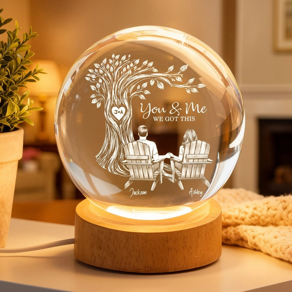Personalized Globe Lamp with You & Me Couple Under Tree Design - Cozy Romantic Night Glow, Unique Gift for Couples