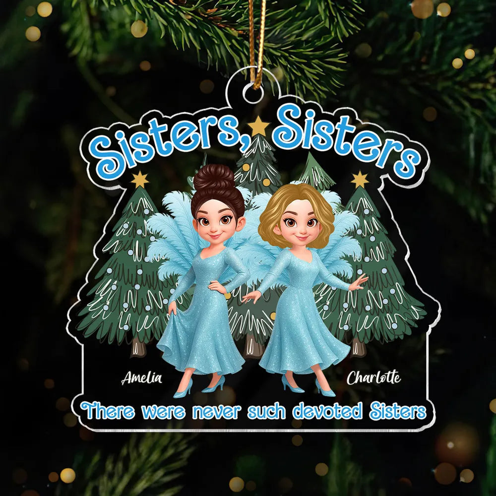Personalized Sisters Acrylic Ornament featuring glitter blue dress design, holiday decoration and keepsake gift