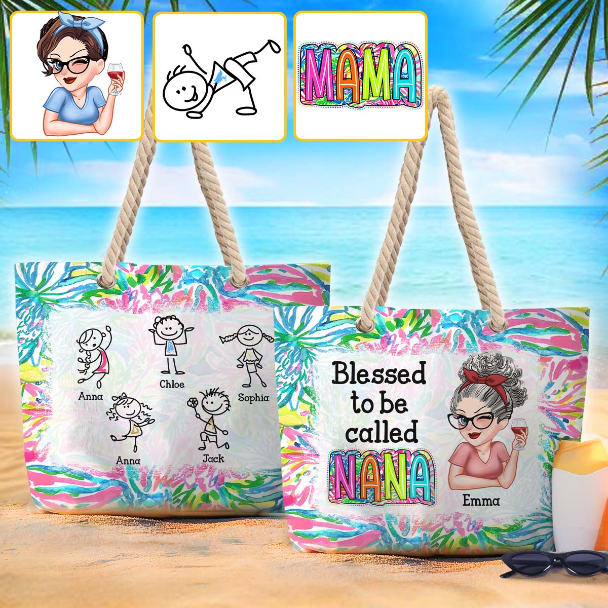 Grandma Nana Gigi Scribble Doodle Grandkid - Personalized Grandma Beach Bag