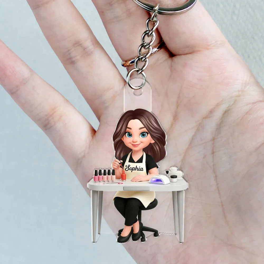 Personalized Nail Technician Acrylic Keychain, Cute Salon Desk Cartoon Charm, Unique Gift for Her