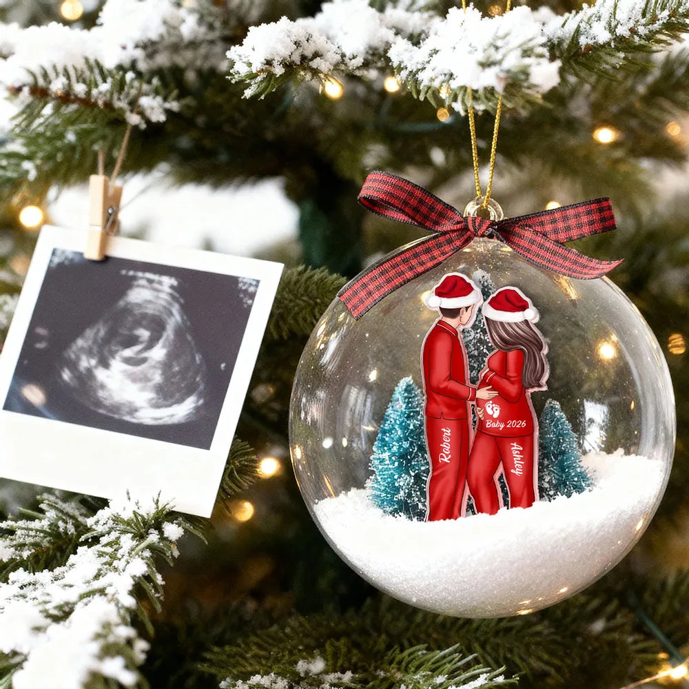 Acrylic Snow Globe Ornament Featuring Couple Expecting Baby, Christmas Tree Decor and Perfect Gift for New Parents