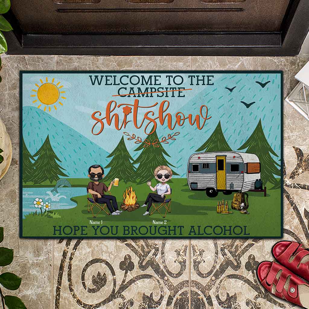 Welcome To The Shitshow Brought Alcohol - Personalized Camping Doormat