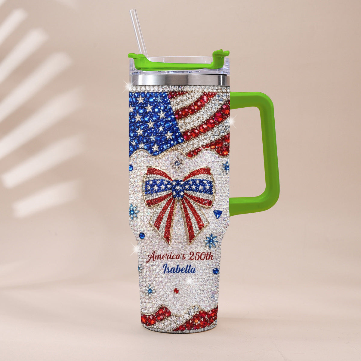 America's 250th Bow - Personalized Independence Day/ 4th of July Rhinestone Tumbler With Plush Charm