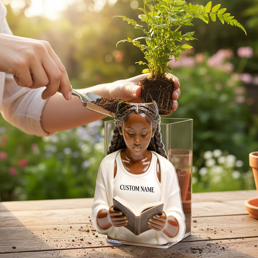 Reading Lady Plant Pot - Personalized Book Acrylic Pot